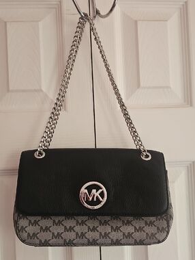Michael Kors Black Leather & Gray MK Logo Chain Shoulder Bag